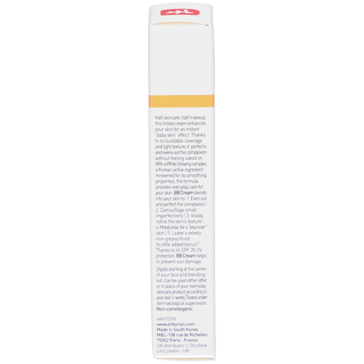 Achterkant van de BB Crème Doré verpakking. Meertalige tekst. Fabrikantinformatie. Ingrediënten.