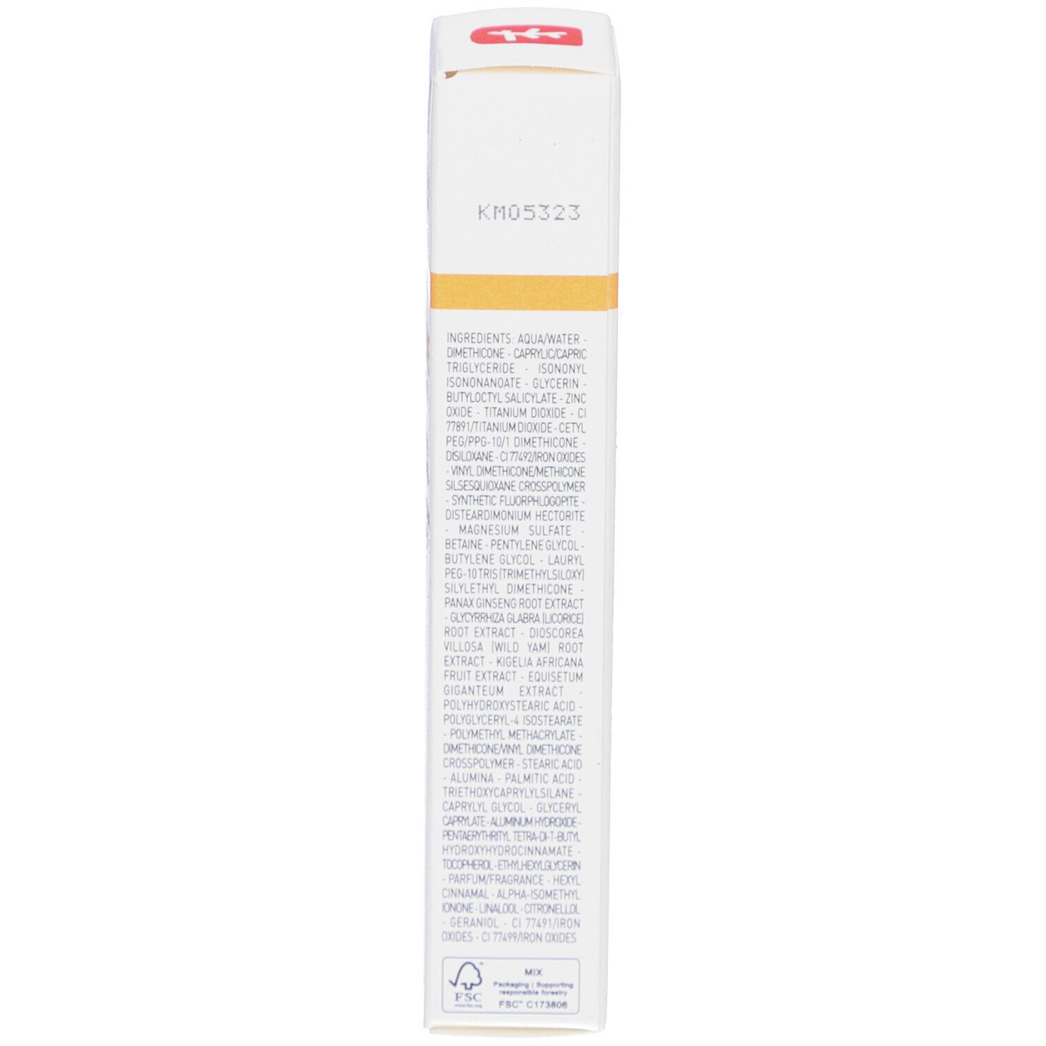 Zijkant van de BB Crème Doré verpakking. Ingrediënten. Tekst en symbolen. KM05323.