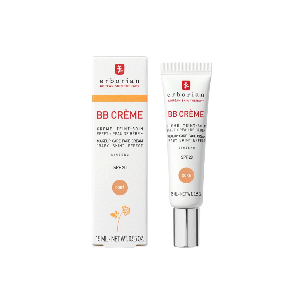 Erborian BB Creme Doré SPF 20 tube en verpakking, vooraanzicht.