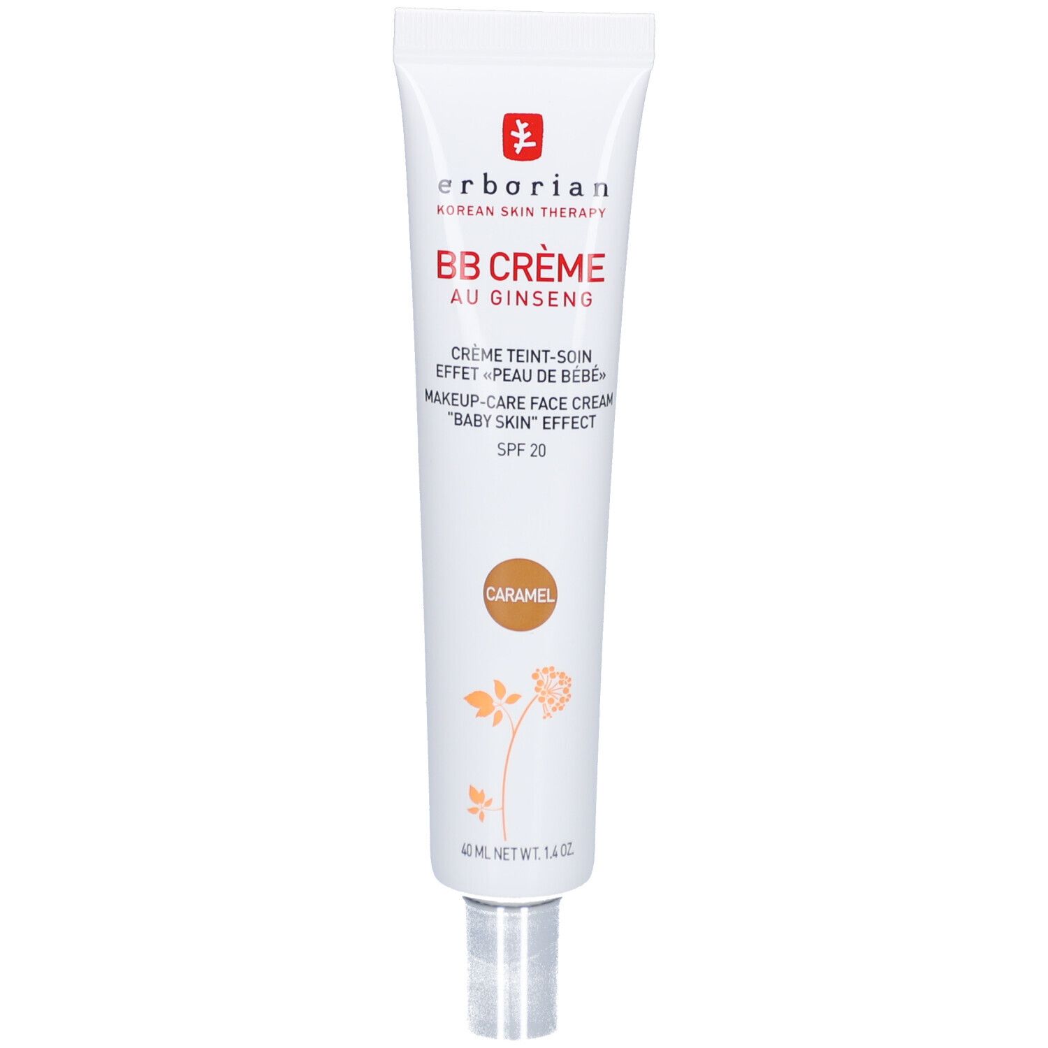 Wit-beige tube BB Crème Caramel. Merk: Erborian. Tekst: BB Crème au Ginseng, SPF 20. Bruine kleurmarkering.