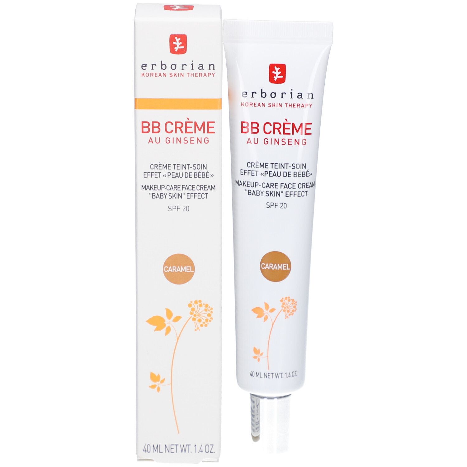 BB Crème Caramel tube en verpakking. Merk: Erborian. Tekst: BB Crème au Ginseng, SPF 20. Bruine kleurmarkering. 40 ml.