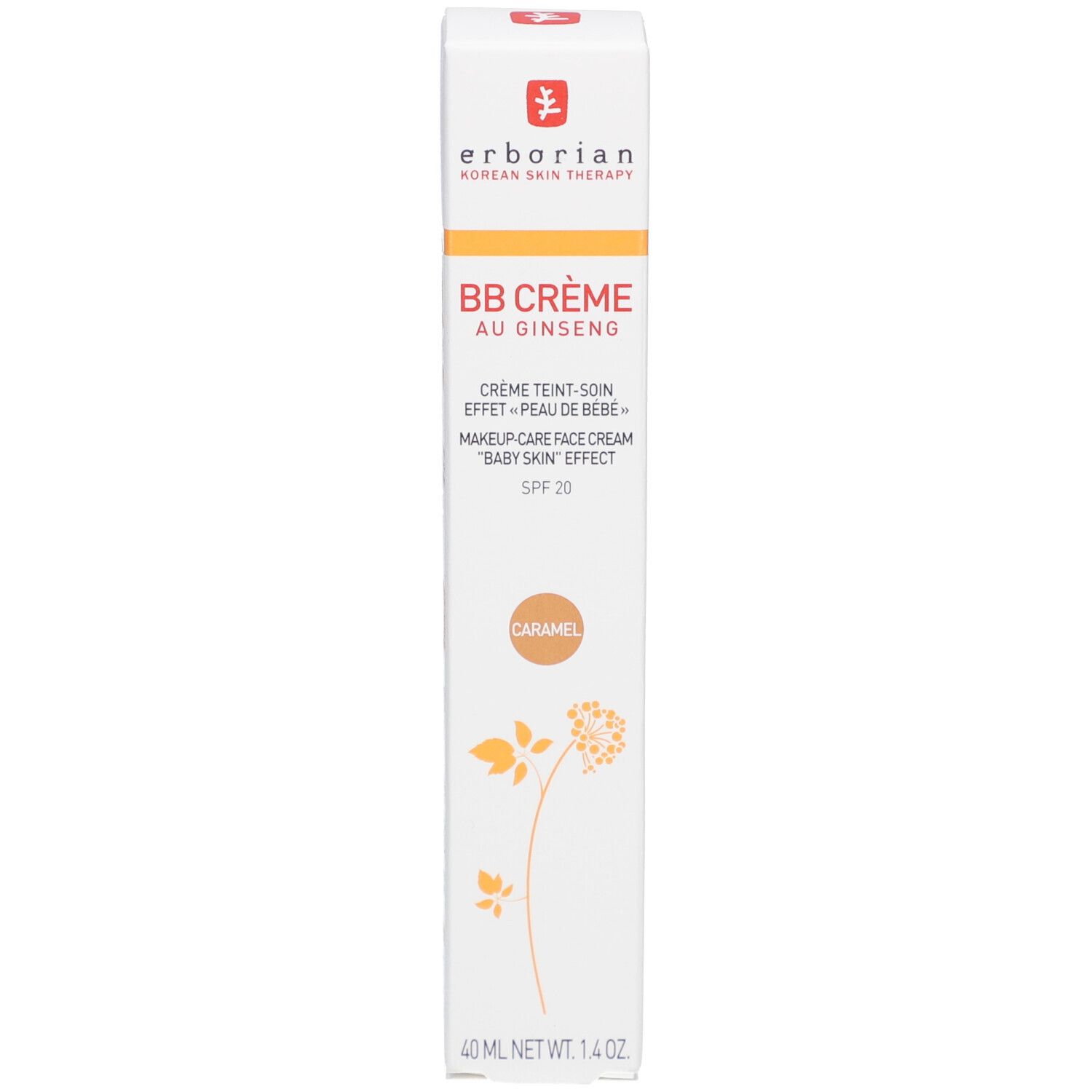 Verpakking BB Crème Caramel. Merk: Erborian. Tekst: BB Crème au Ginseng, SPF 20. Bruine kleurmarkering. 40 ml.