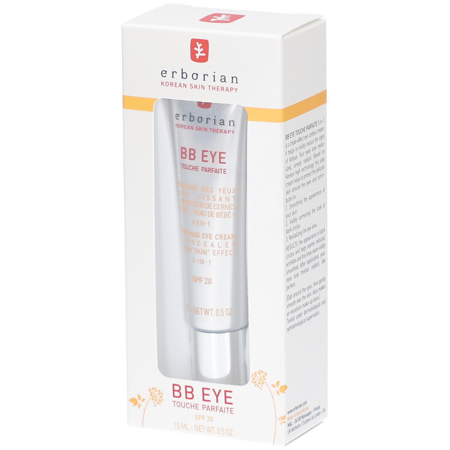 Erborian BB Eye Touche Parfaite in verpakking. Tube in witte doos. Tekst: BB EYE, SPF 20.