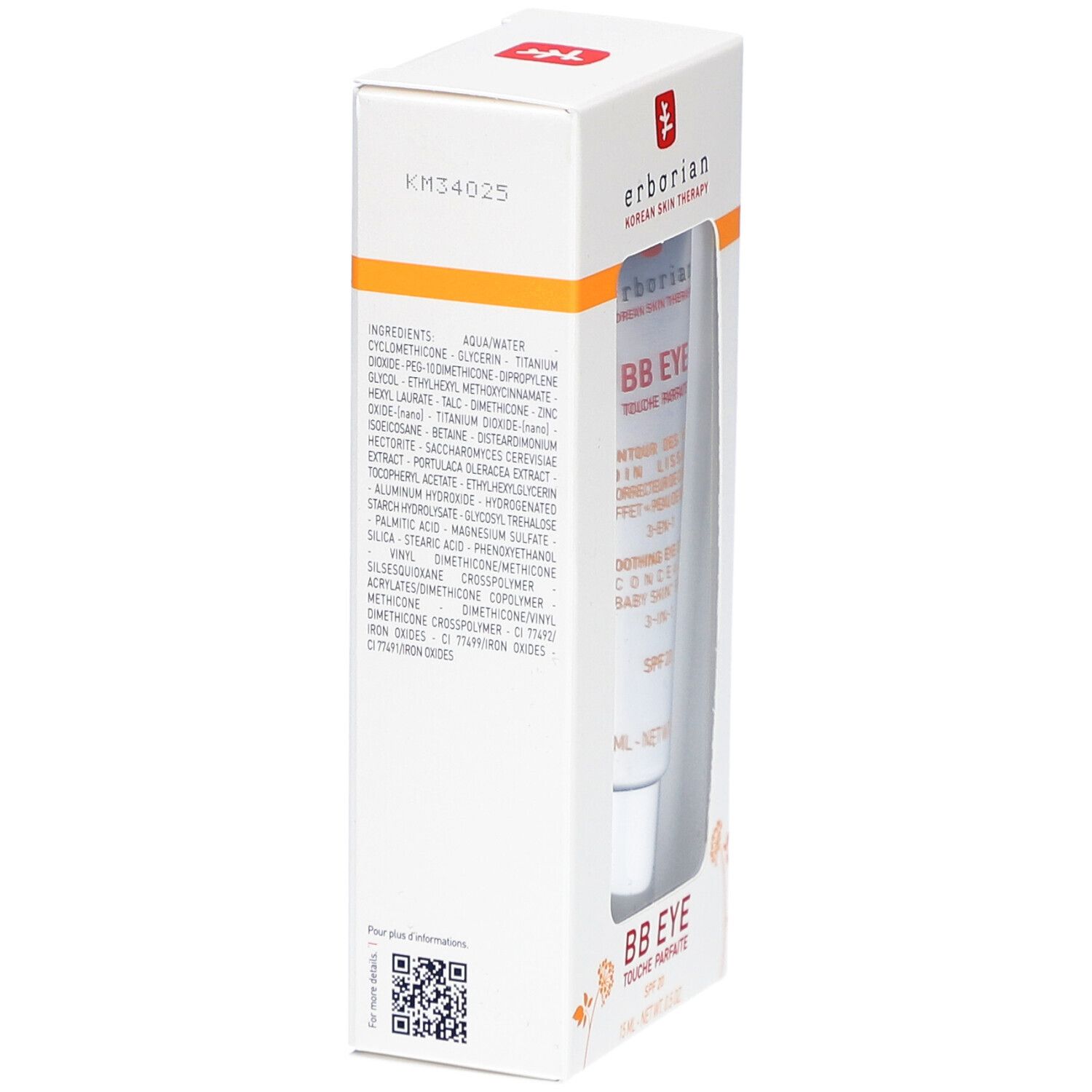 Achterkant van de Erborian BB Eye verpakking. Tekst: Ingrediënten, QR-code. Witte doos met gele streep.