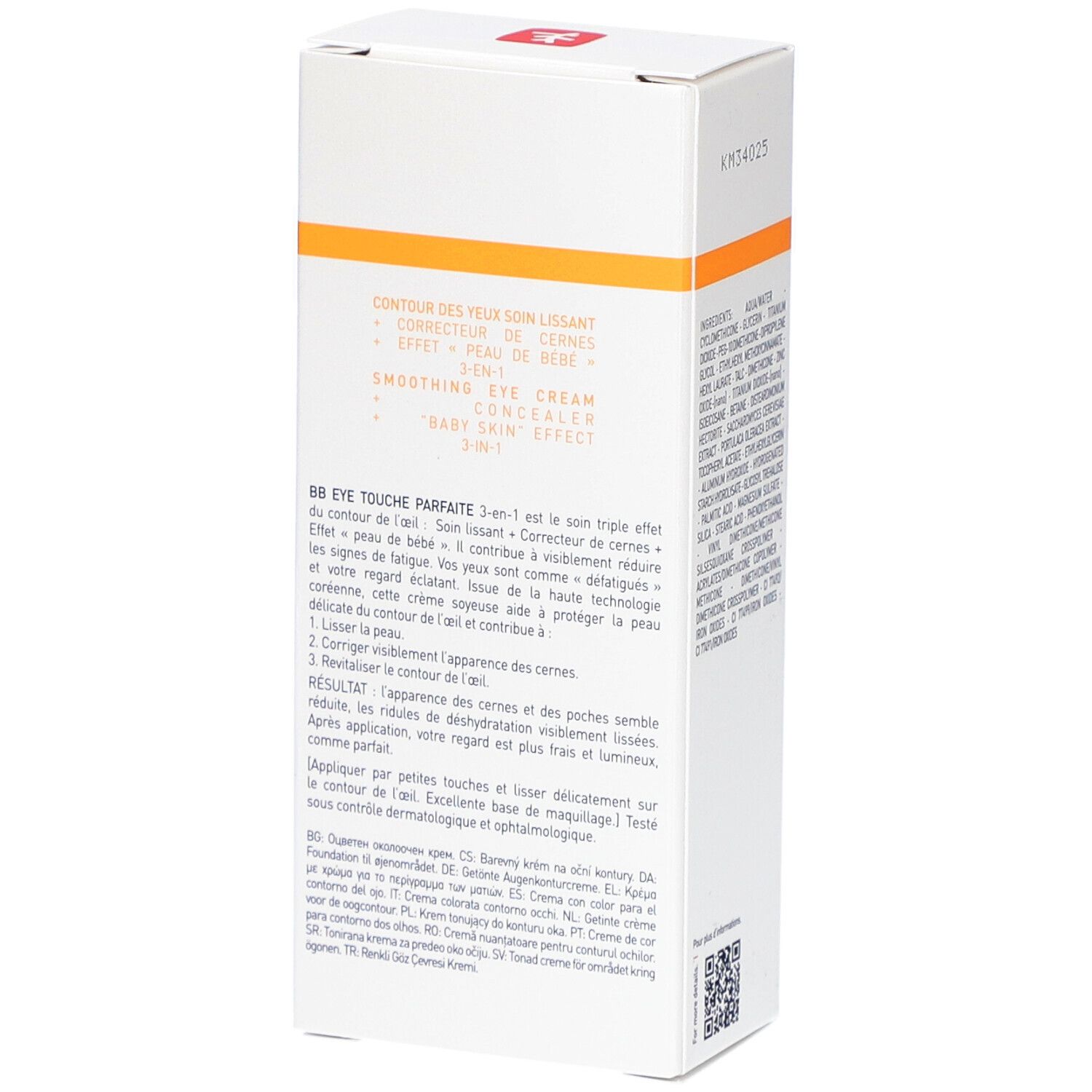 Zijkant van de Erborian BB Eye verpakking. Tekst: BB EYE Touche Parfaite, 3-in-1, Smoothing Eye Cream.