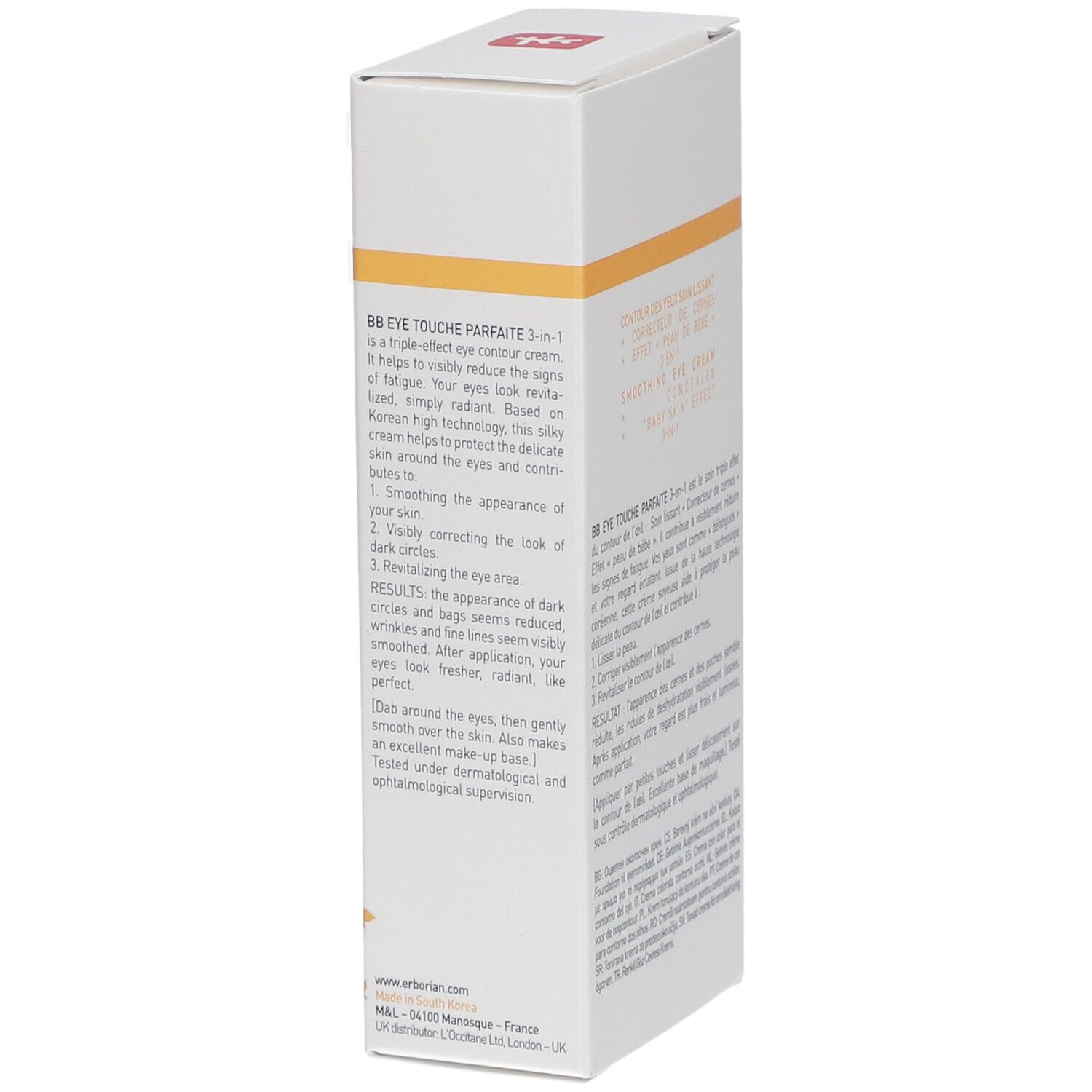 Zijkant van de Erborian BB Eye verpakking. Tekst: BB EYE Touche Parfaite, 3-in-1, Smoothing Eye Cream.