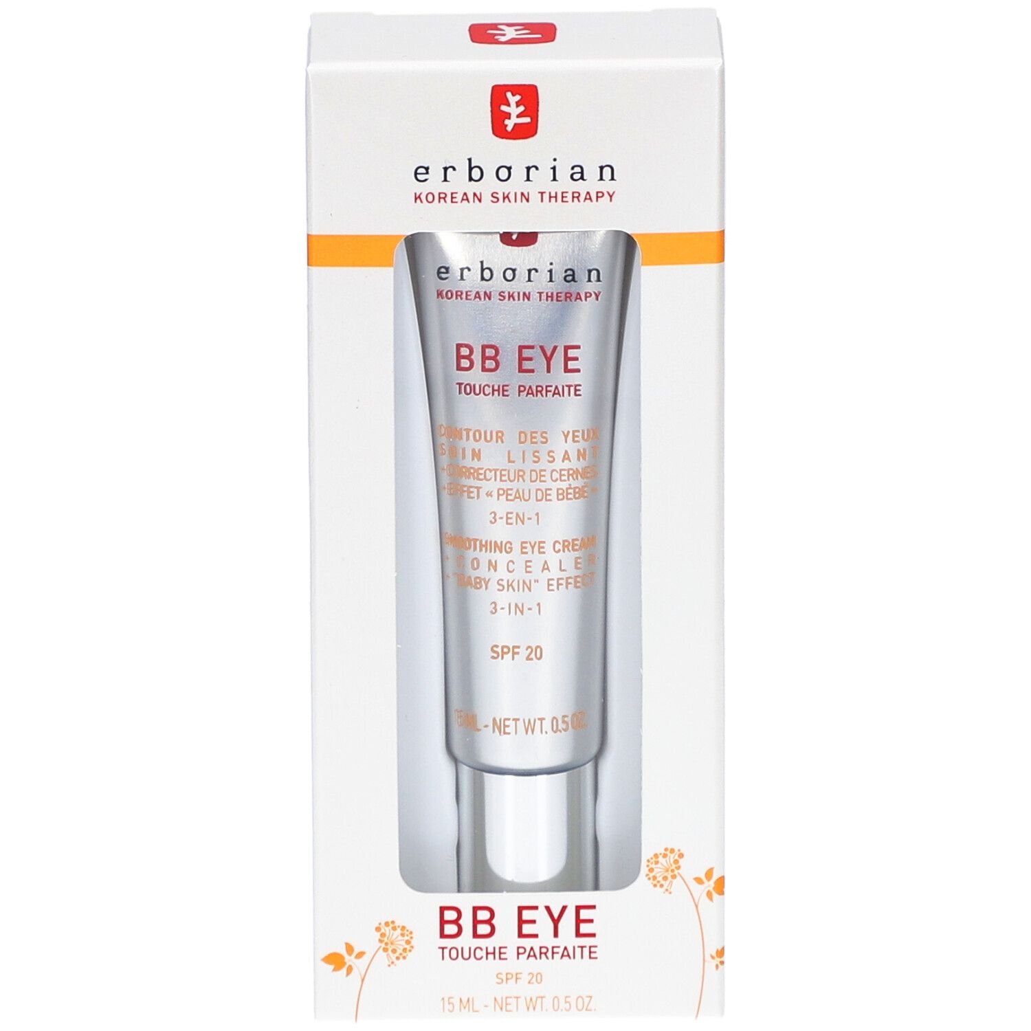 Erborian BB Eye Touche Parfaite in verpakking. Tube in witte doos. Tekst: BB EYE, SPF 20.