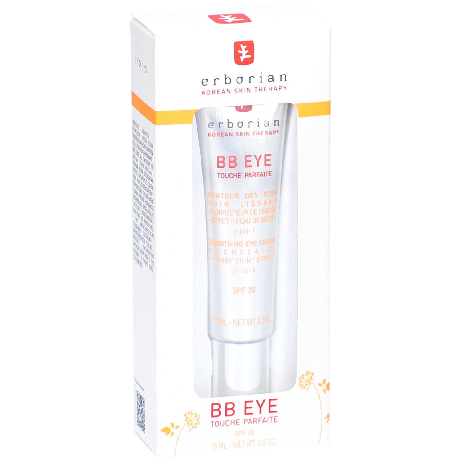 Erborian BB Eye Touche Parfaite in verpakking. Tube in witte doos. Tekst: BB EYE, SPF 20.