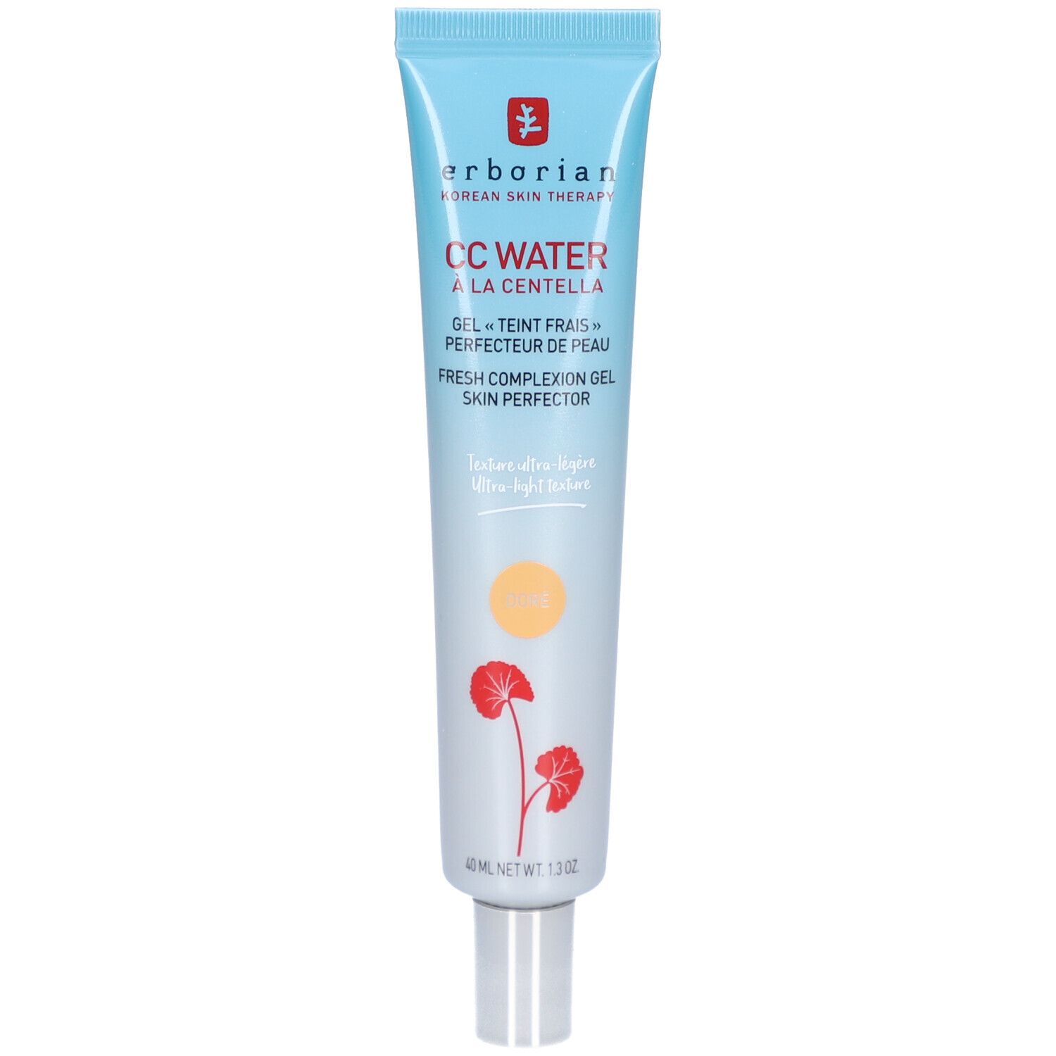 Lichtblauwe tube Erborian CC Water à la Centella. Gel teint frais. 40 ml. Productdetails en logo.