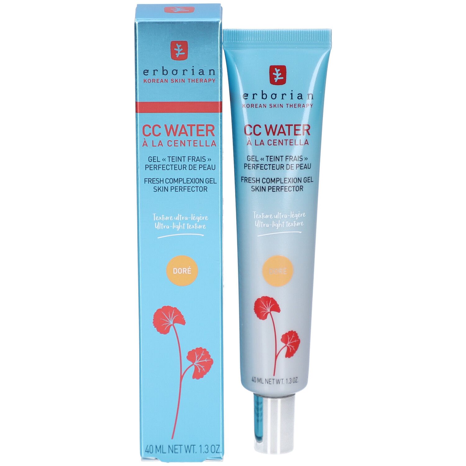 Productverpakking: tube en doos. Erborian CC Water à la Centella. Gel teint frais. 40 ml.