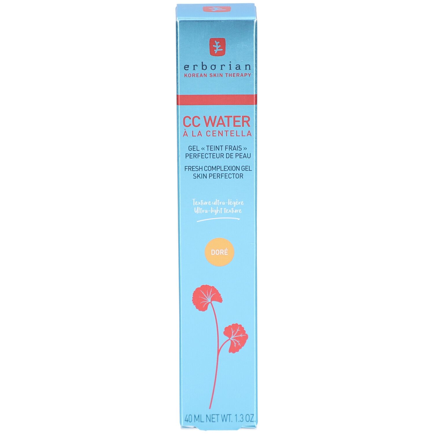 Productverpakking: doos. Erborian CC Water à la Centella. Gel teint frais. 40 ml. Doré.