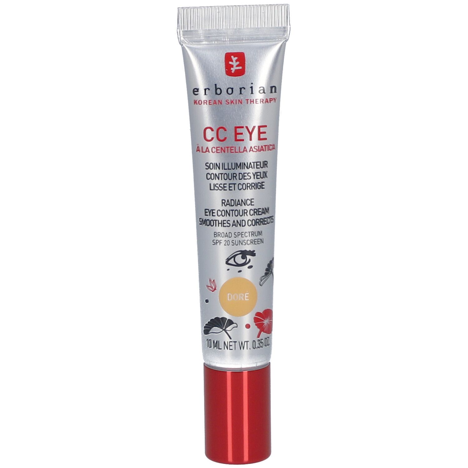 Crèmetube met rode dop. Opschrift: CC EYE, Doré. Bevat 10 ml. Merk: Erborian.