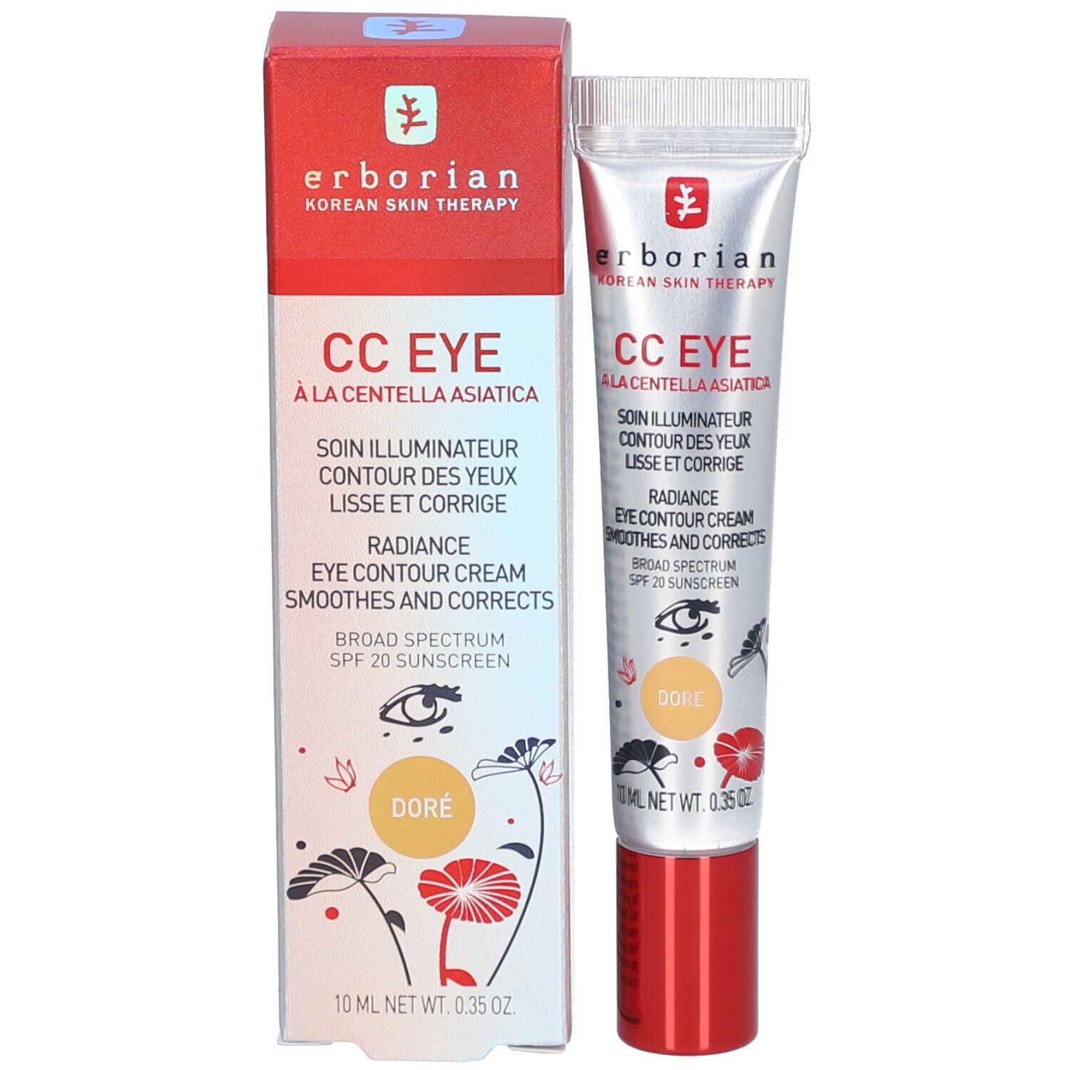 Productverpakking met tube. Opschrift: CC EYE, Doré. Bevat 10 ml. Merk: Erborian.