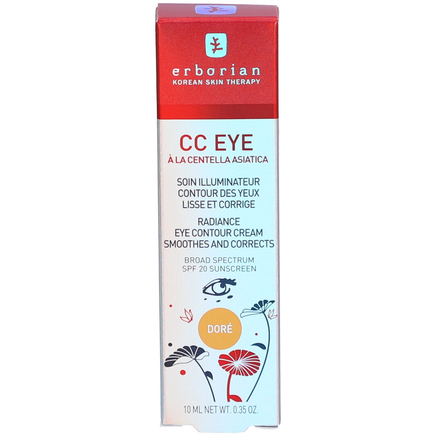 Productverpakking. Opschrift: CC EYE, Doré. Bevat 10 ml. Merk: Erborian.