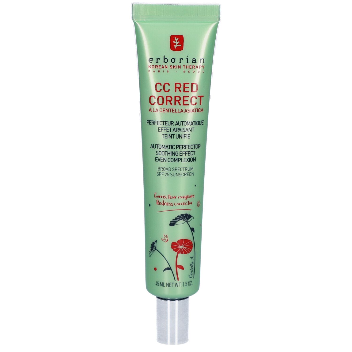 Tube verte de CC Red Correct. Texte et logo Erborian. Contient 45 ml. Avec écran solaire SPF 25.
