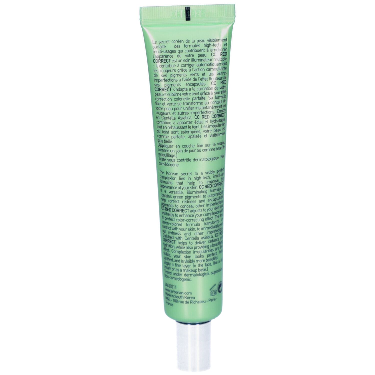 Dos du tube vert de CC Red Correct. Texte en plusieurs langues. Logo Erborian.