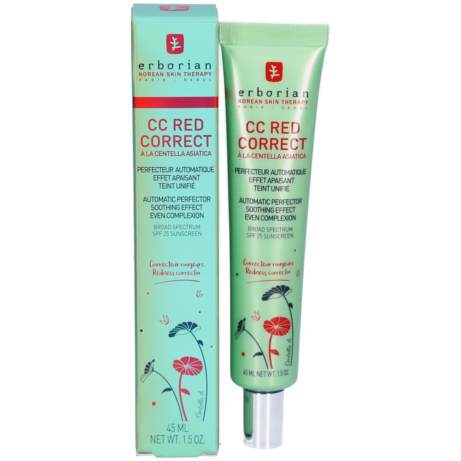 CC Red Correct crème et emballage. Tube et boîte avec logo et texte Erborian. 45 ml.