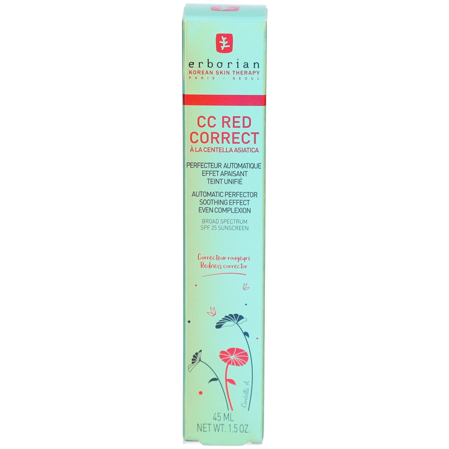 Boîte de CC Red Correct crème. Logo et texte Erborian. 45 ml. Avec écran solaire SPF 25.