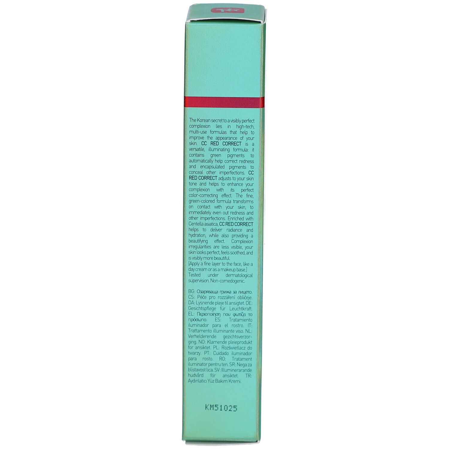 Côté de la boîte de CC Red Correct crème. Texte en anglais. Logo Erborian.