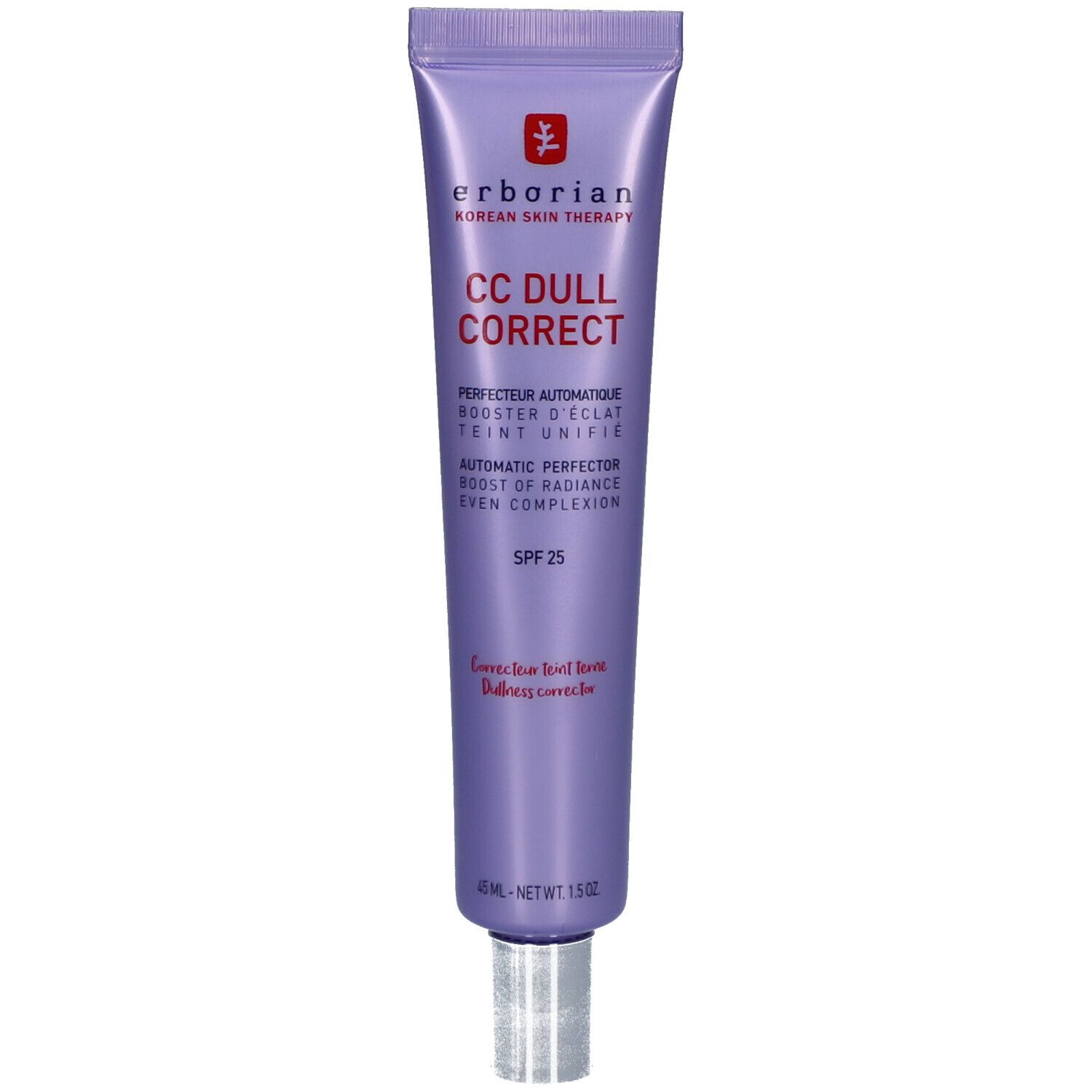 Paarse tube met productnaam en SPF 25. Zilveren dop. Tekst in het Engels en Frans.