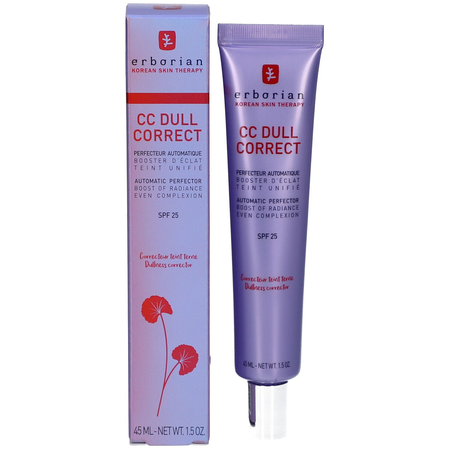Product en verpakking. Paarse tube en doos. Productnaam en SPF 25 zichtbaar.