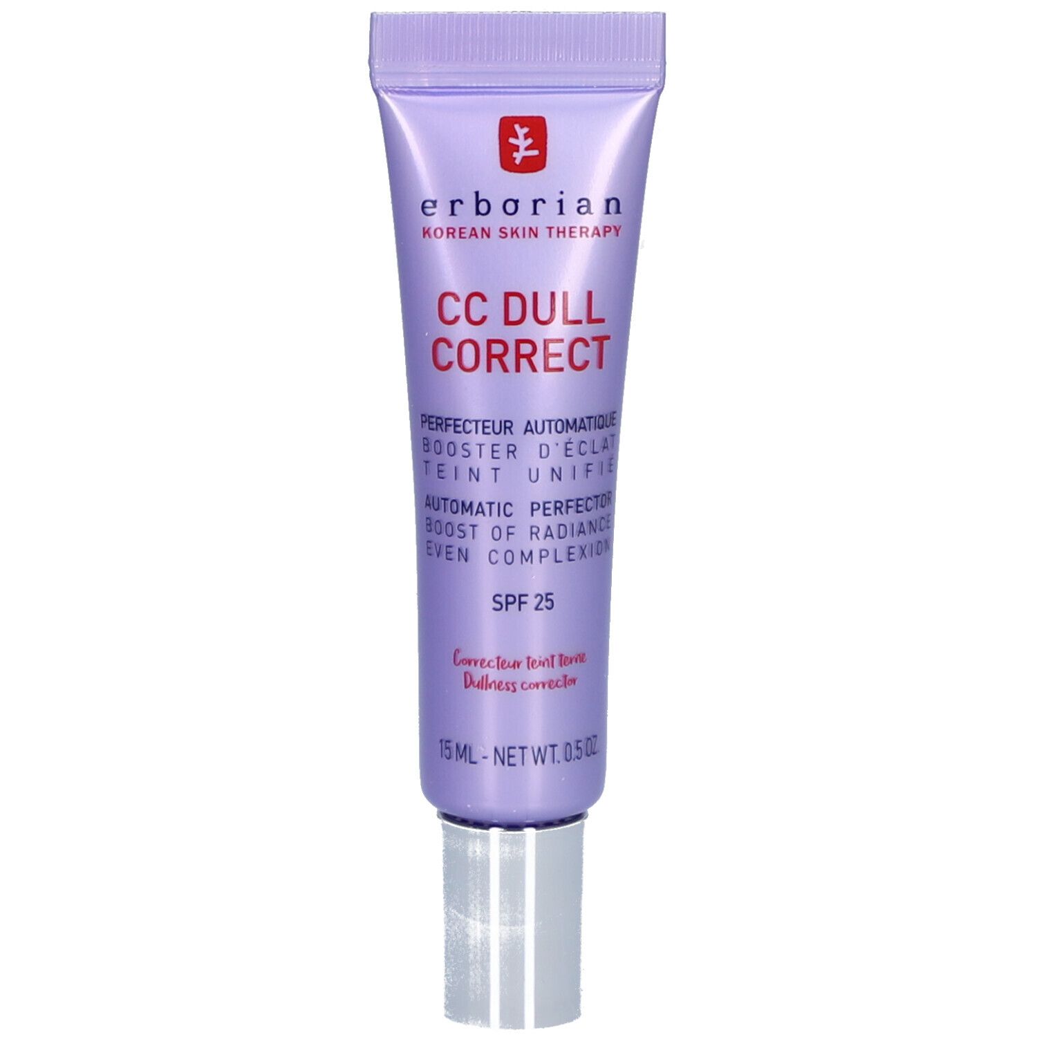 Tube de CC Dull Correct. Tube violet avec bouchon argenté. Texte: SPF 25, 15 ml.