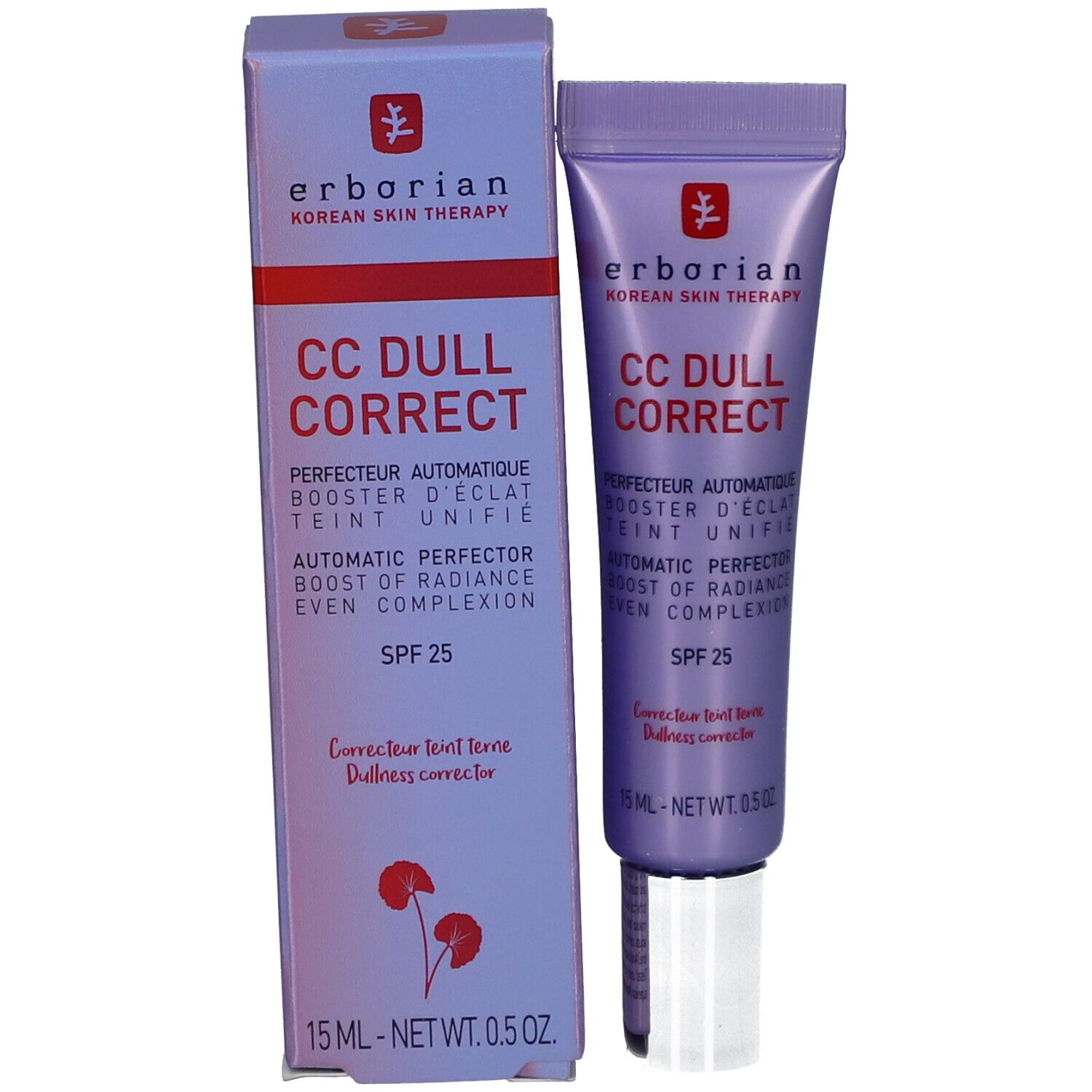 Tube et emballage CC Dull Correct. Emballage violet. Texte: SPF 25, 15 ml.