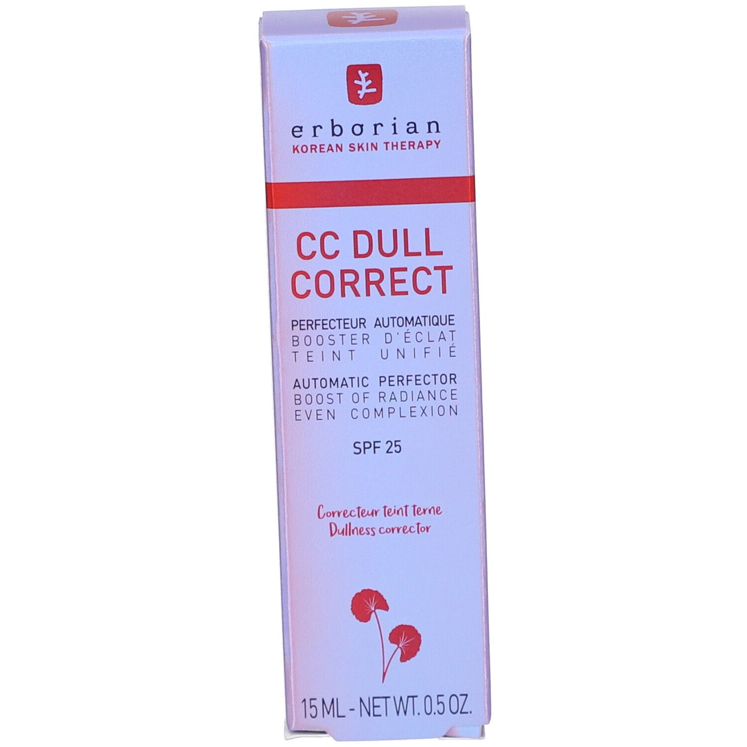 Emballage de CC Dull Correct. Emballage violet. Texte: SPF 25, 15 ml.