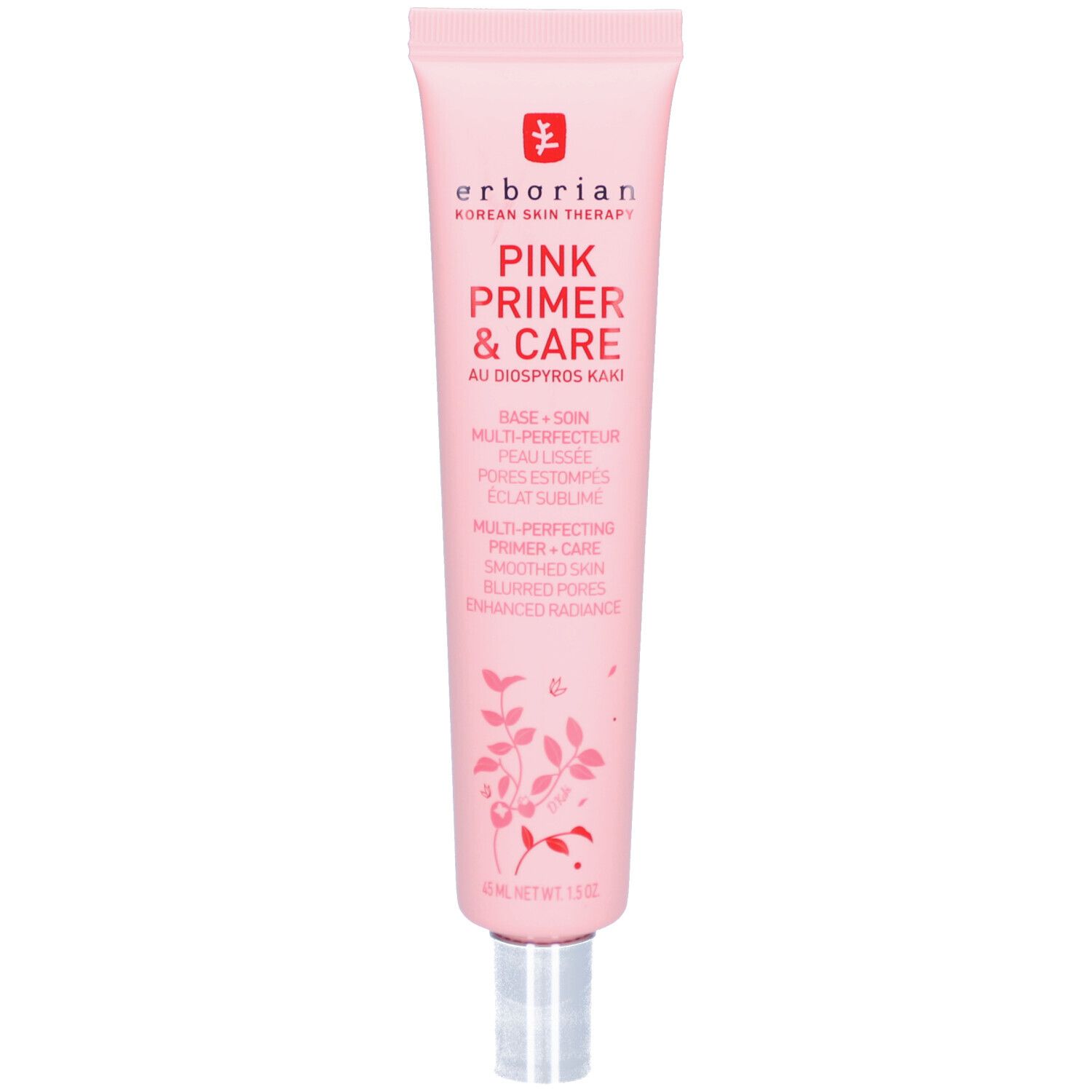 Tube rose Erborian Pink Primer & Care. Texte et motifs floraux. Capuchon argenté. 30 ml.