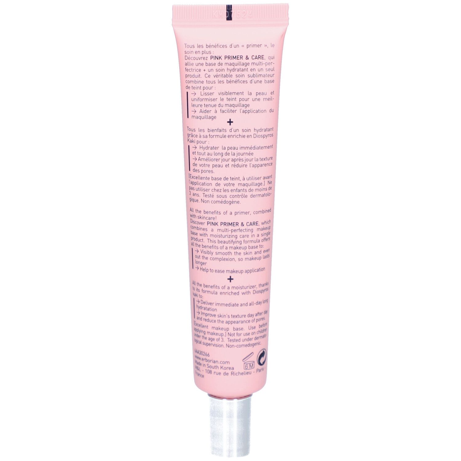 Dos du tube rose Erborian Pink Primer & Care. Texte multilingue. Capuchon argenté.