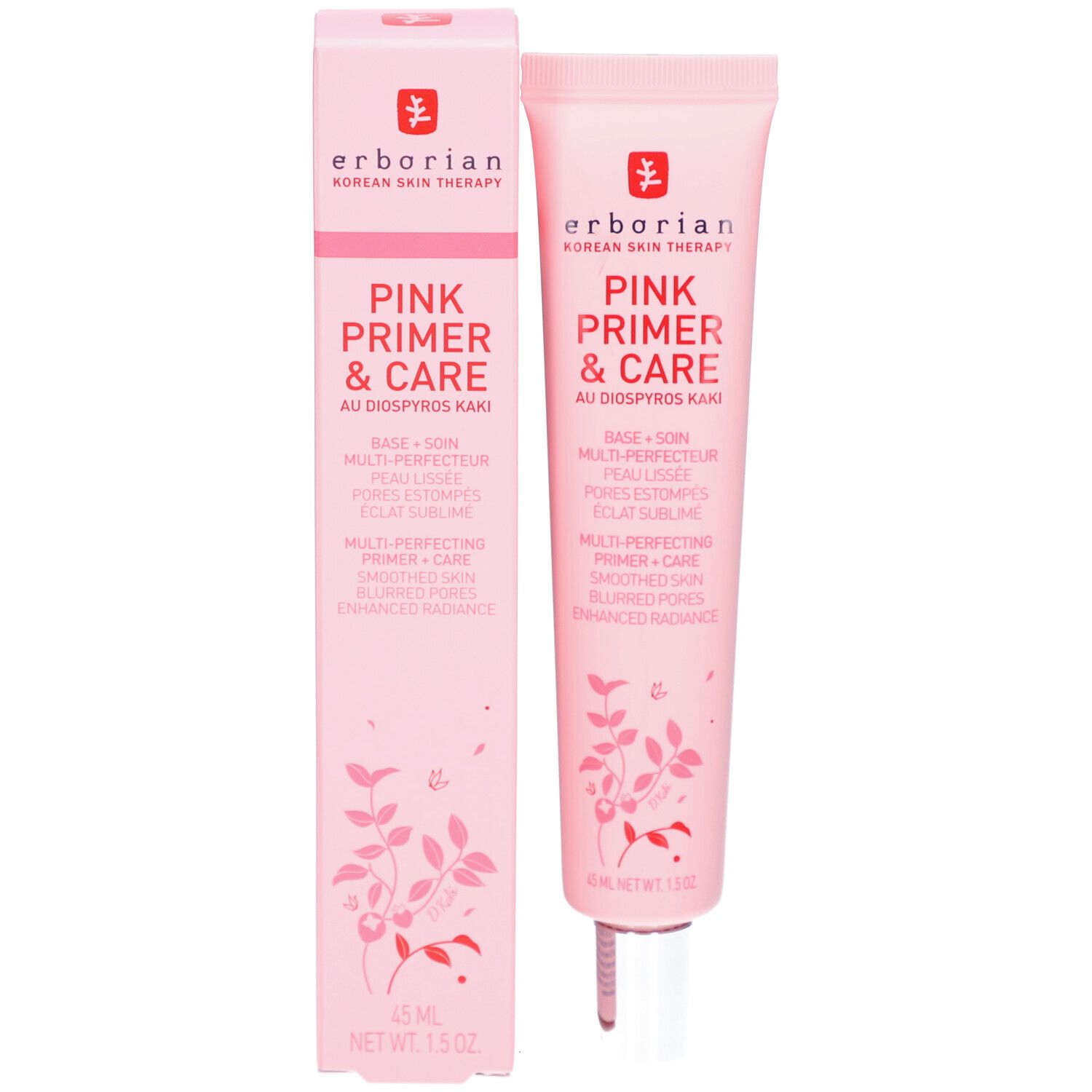 Boîte et tube roses Erborian Pink Primer & Care. Texte et motifs floraux. 15 ml.