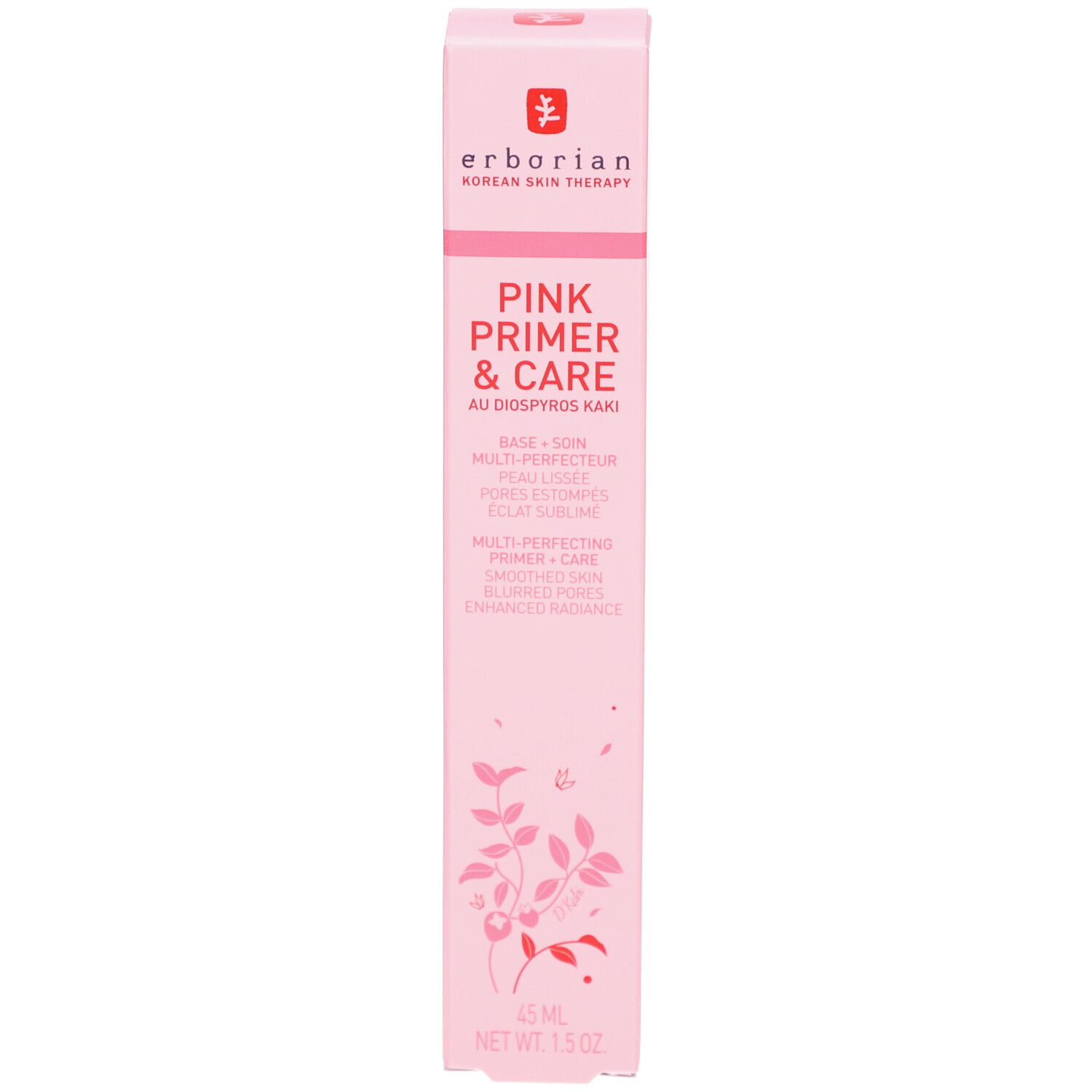 Boîte rose Erborian Pink Primer & Care. Texte et motifs floraux. 15 ml.