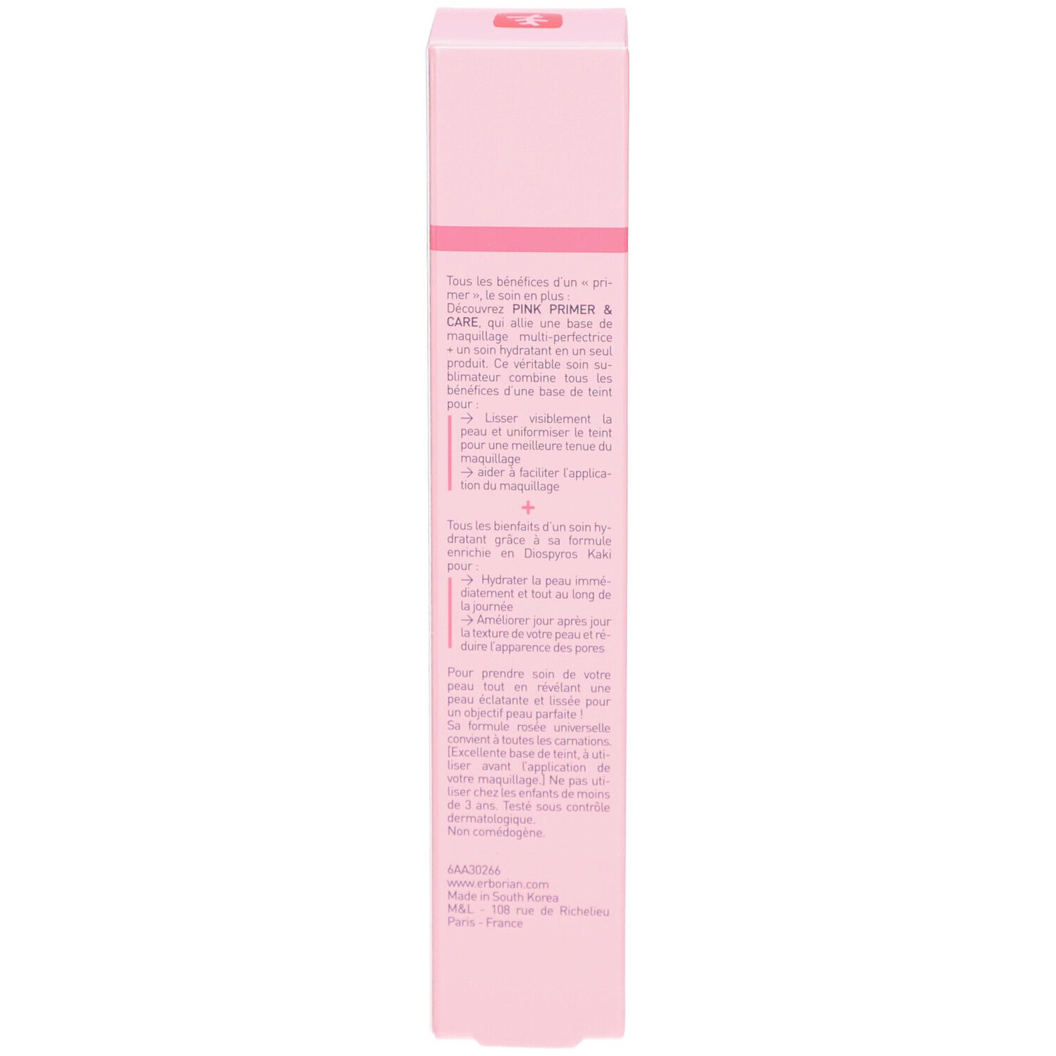 Dos de la boîte rose Erborian Pink Primer & Care. Texte multilingue.