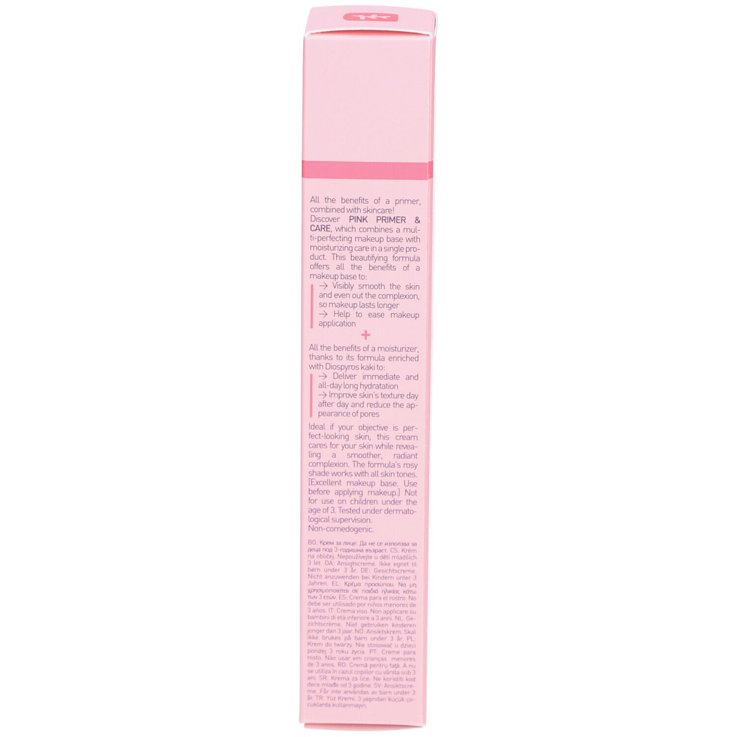 Dos de la boîte rose Erborian Pink Primer & Care. Texte en anglais.