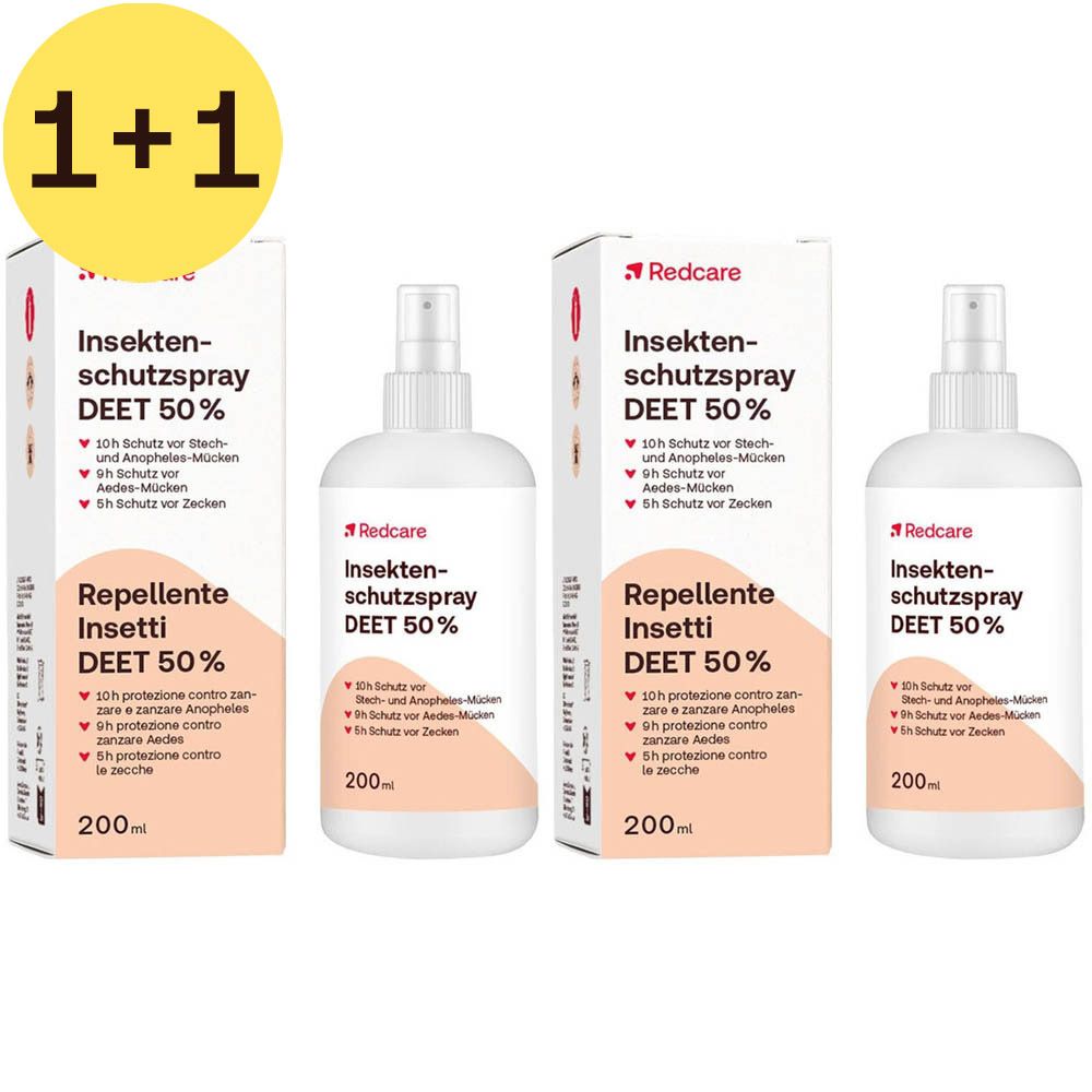 Trois flacons et emballages de spray anti-insectes DEET 50% avec autocollant 1+1. Flacon blanc avec vaporisateur, emballage avec texte rouge.