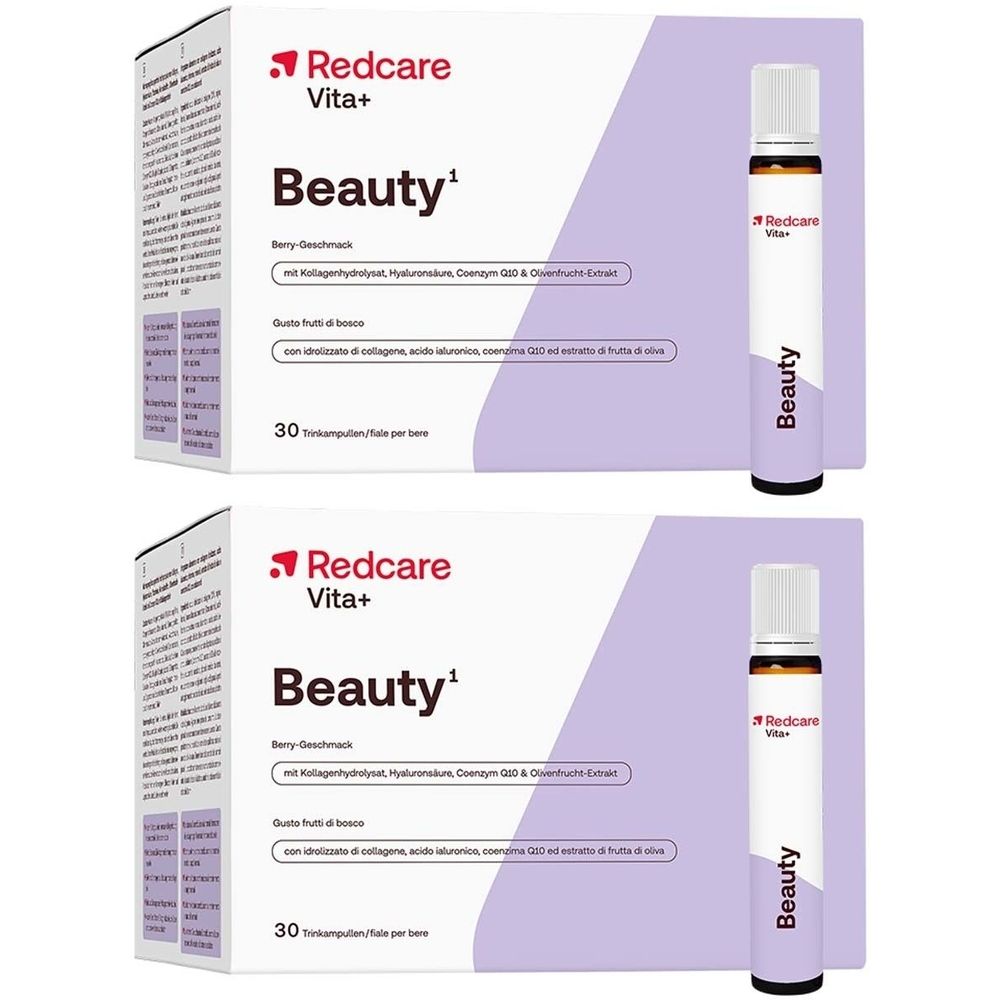 Twee dozen en twee ampullen Redcare Vita+ Beauty. Opschrift: Beauty, 30 ampullen. Flessen met bruine vloeistof.