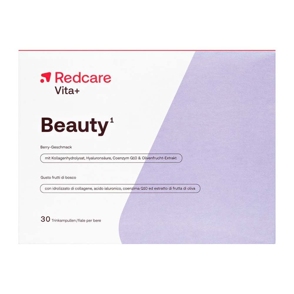 Een verpakking Redcare Vita+ Beauty. Op de verpakking staat Beauty. 30 drinkampullen per verpakking.