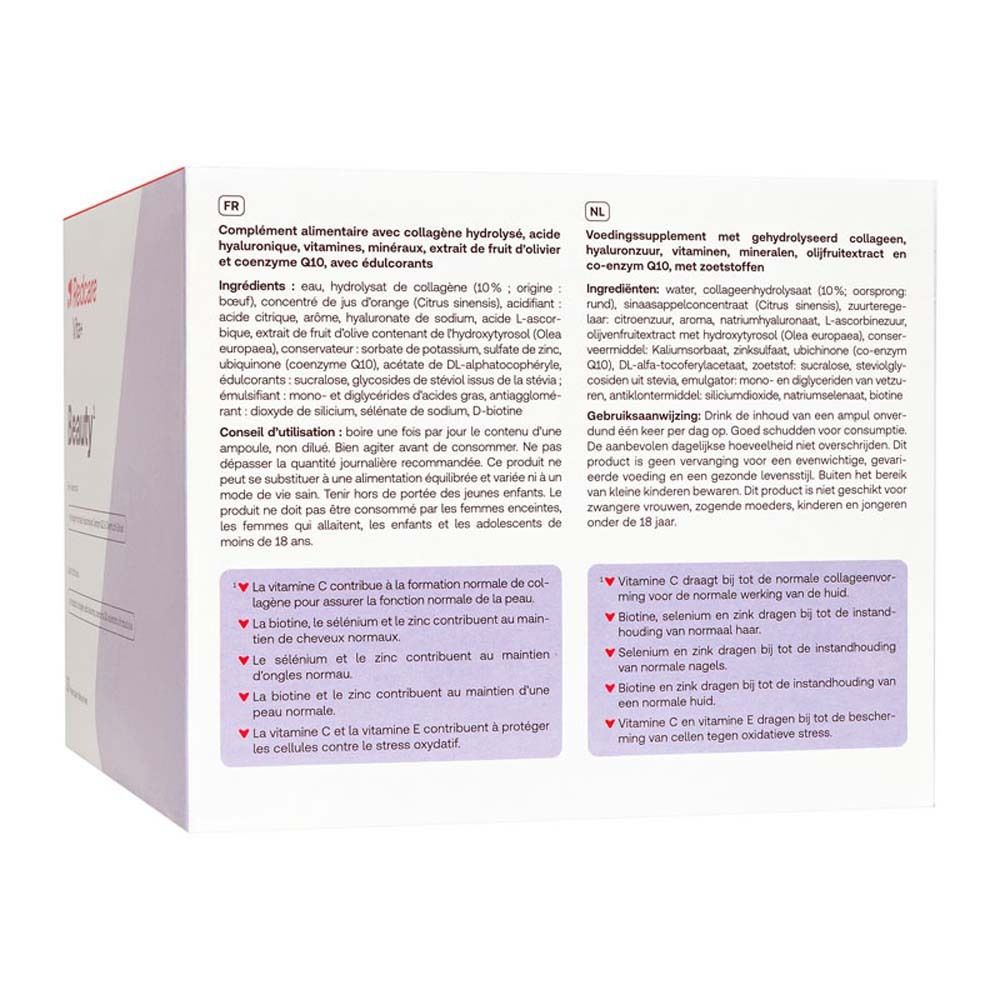 Achterkant van de Redcare Vita+ Beauty verpakking. Informatie in het Duits en Italiaans. Ingrediënten en gebruiksaanwijzing.