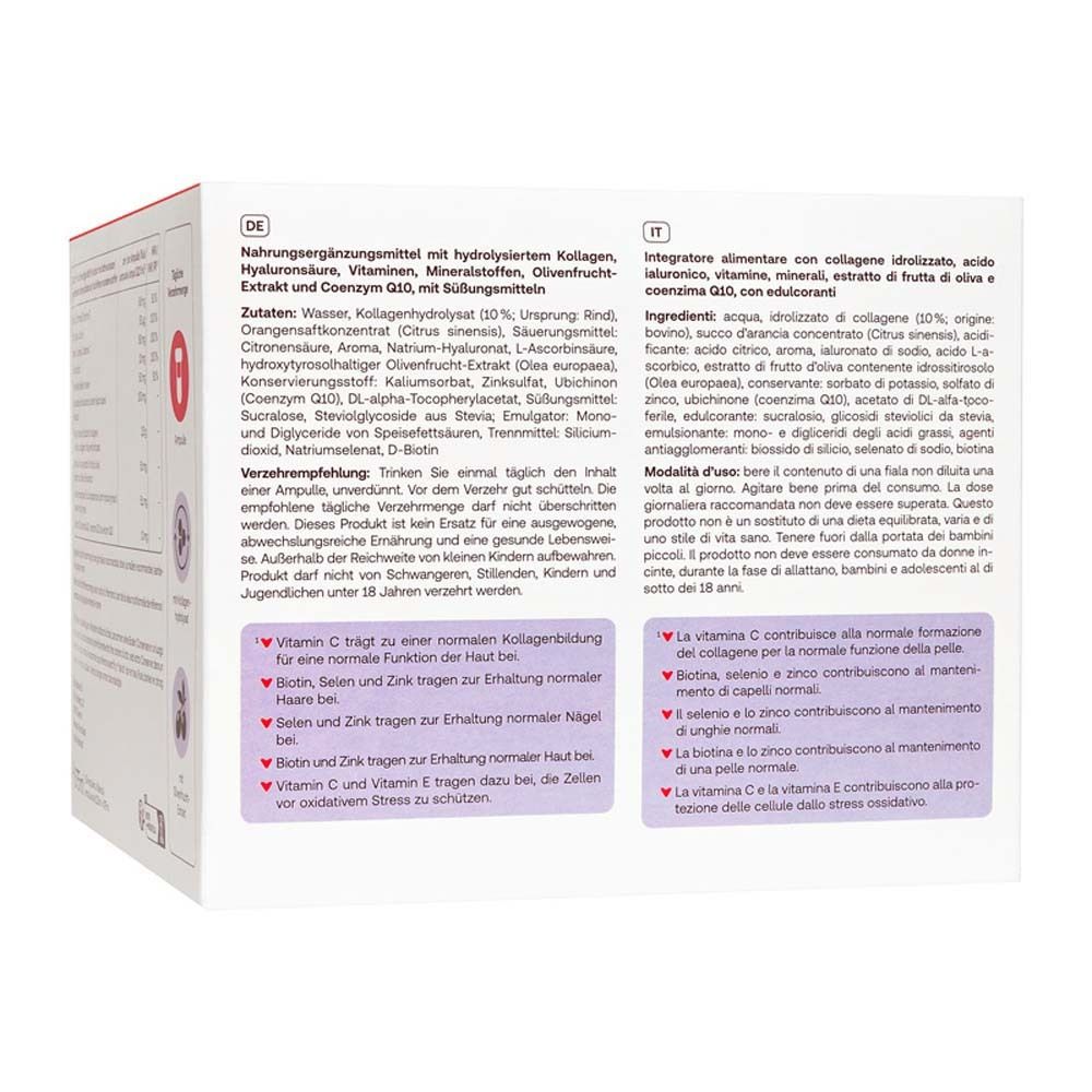 Achterkant van de Redcare Vita+ Beauty verpakking. Informatie in het Duits en Italiaans. Ingrediënten en gebruiksaanwijzing.