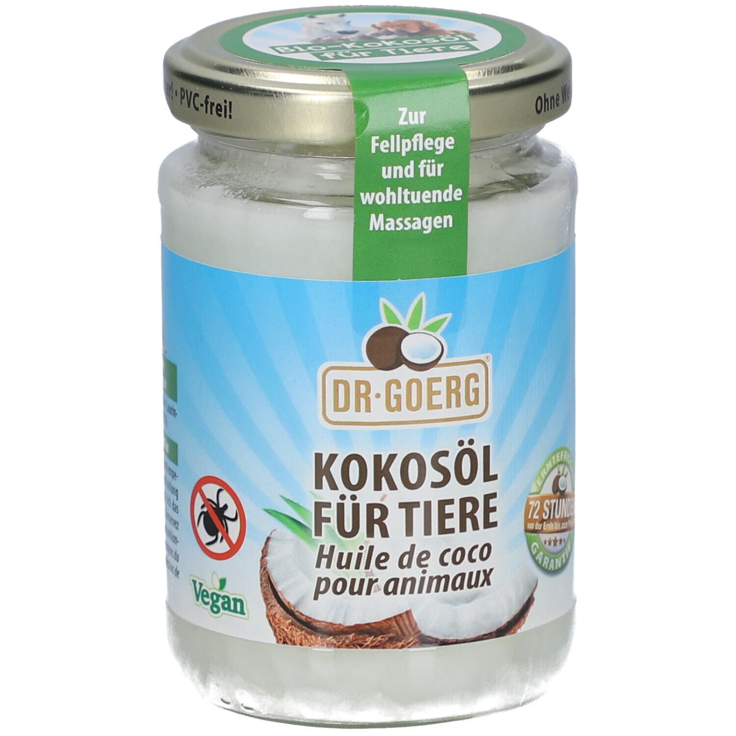 Pot kokosolie voor dieren. Etiket met productnaam, logo en illustraties. Deksel met opschrift.