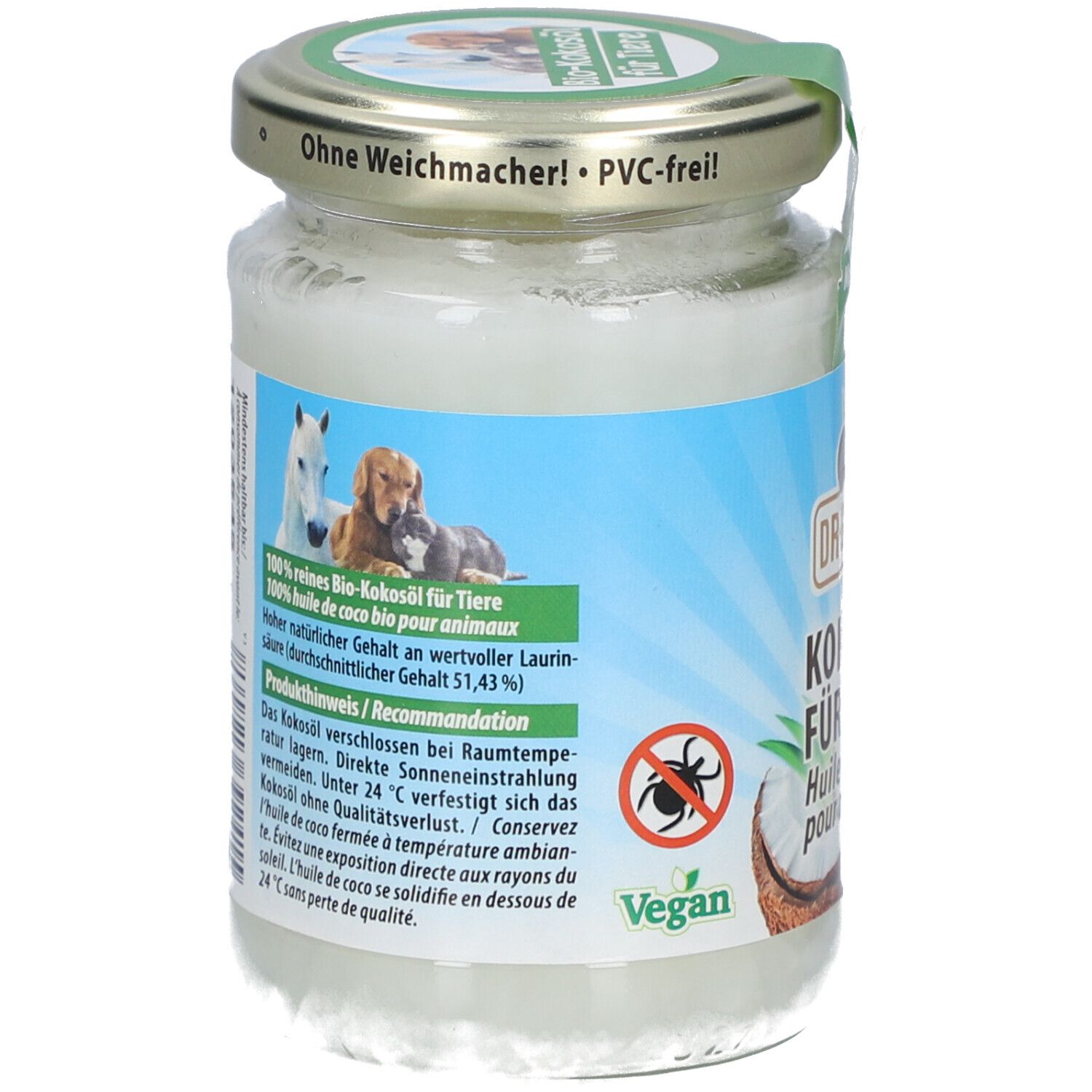 Pot kokosolie voor dieren. Achterkant met productinformatie, logo en illustraties. Vegan zegel.