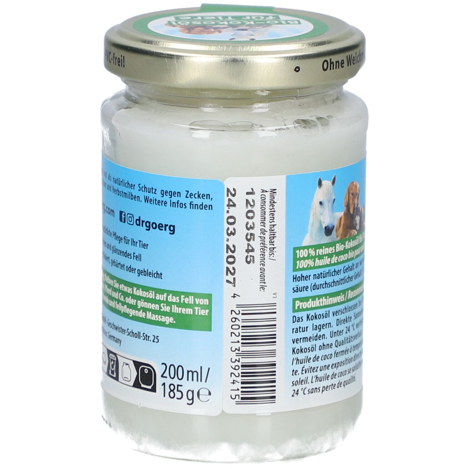 Pot kokosolie voor dieren. Achterkant met productinformatie, houdbaarheidsdatum en barcode. 200ml/185g.