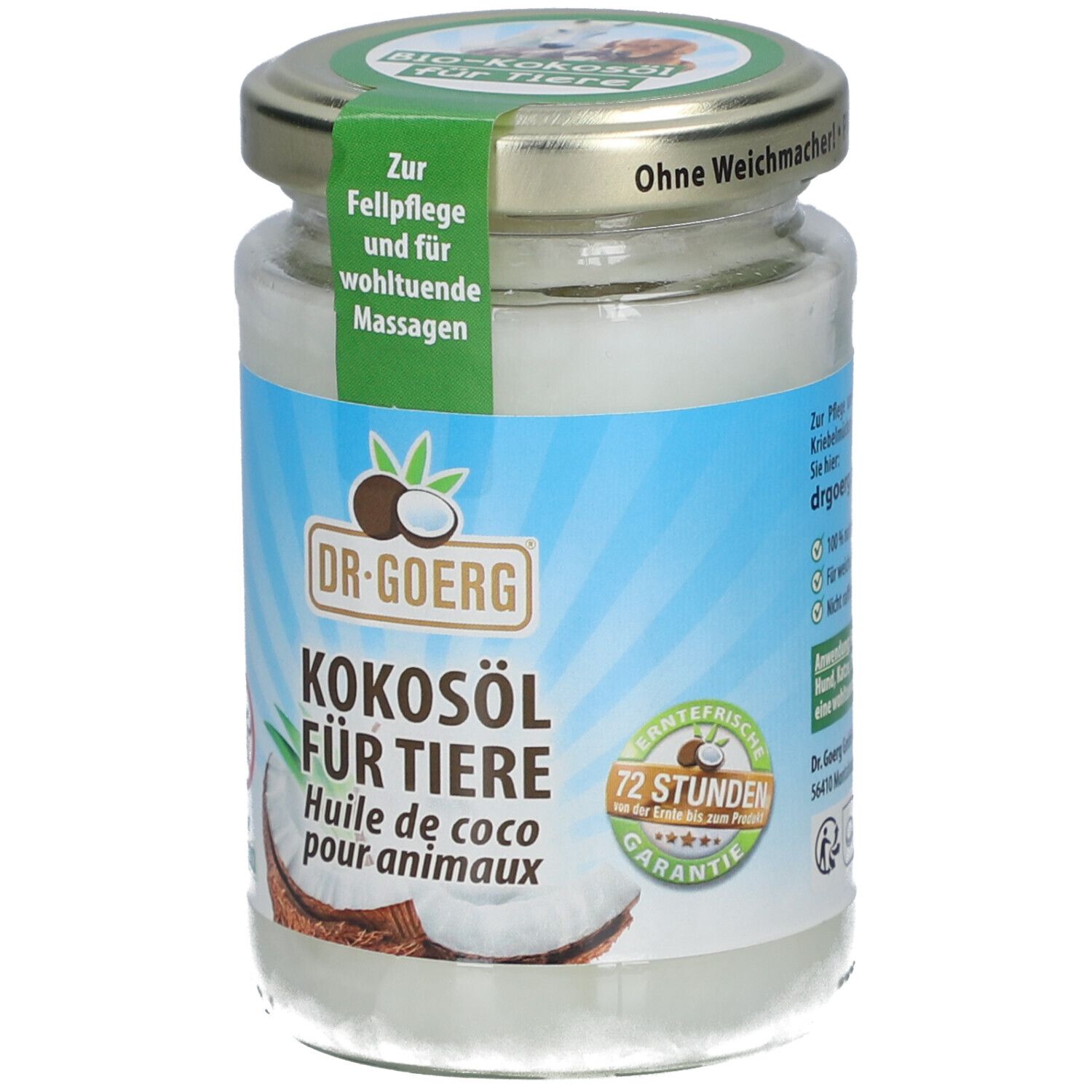Pot kokosolie voor dieren. Etiket met productnaam, logo en illustraties. Deksel met opschrift.