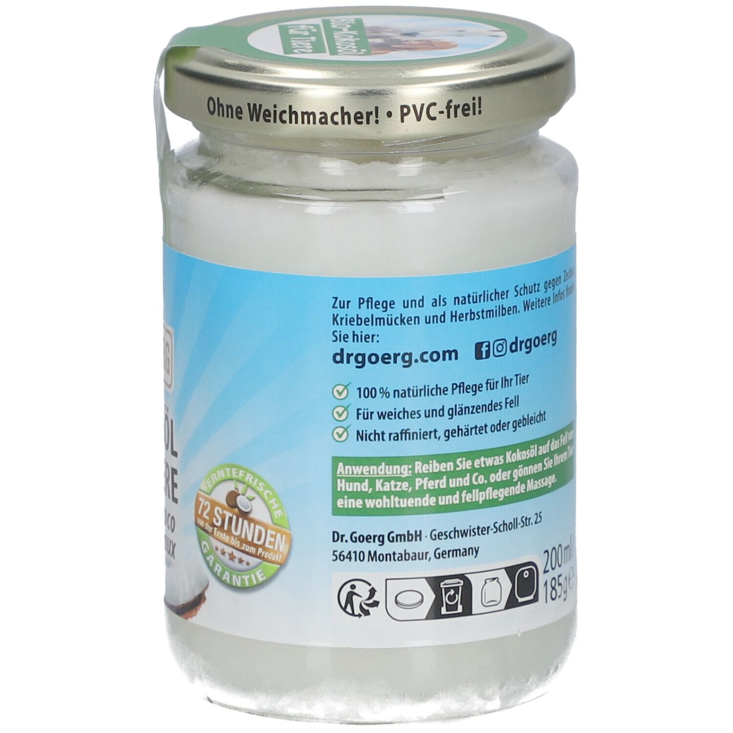 Pot kokosolie voor dieren. Achterkant met productinformatie, logo en illustraties. 72 uur garantie.