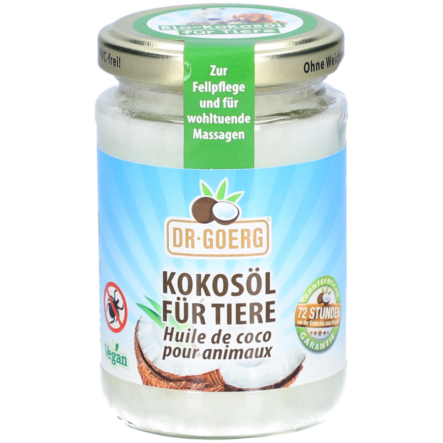 Pot kokosolie voor dieren. Etiket met productnaam, logo en illustraties. Deksel met opschrift.