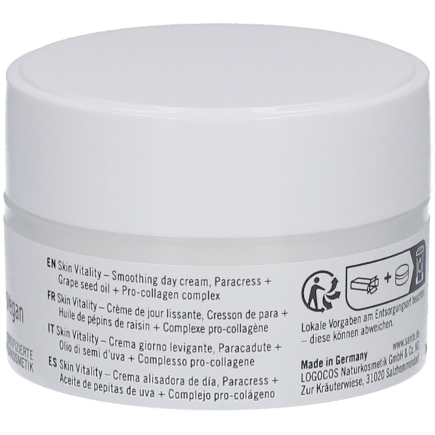 Achterkant van de crèmepot. Meertalige productbeschrijving: Skin Vitality Gladmakende dagcrème. Fabrikantinformatie en verwijderingsinstructies.