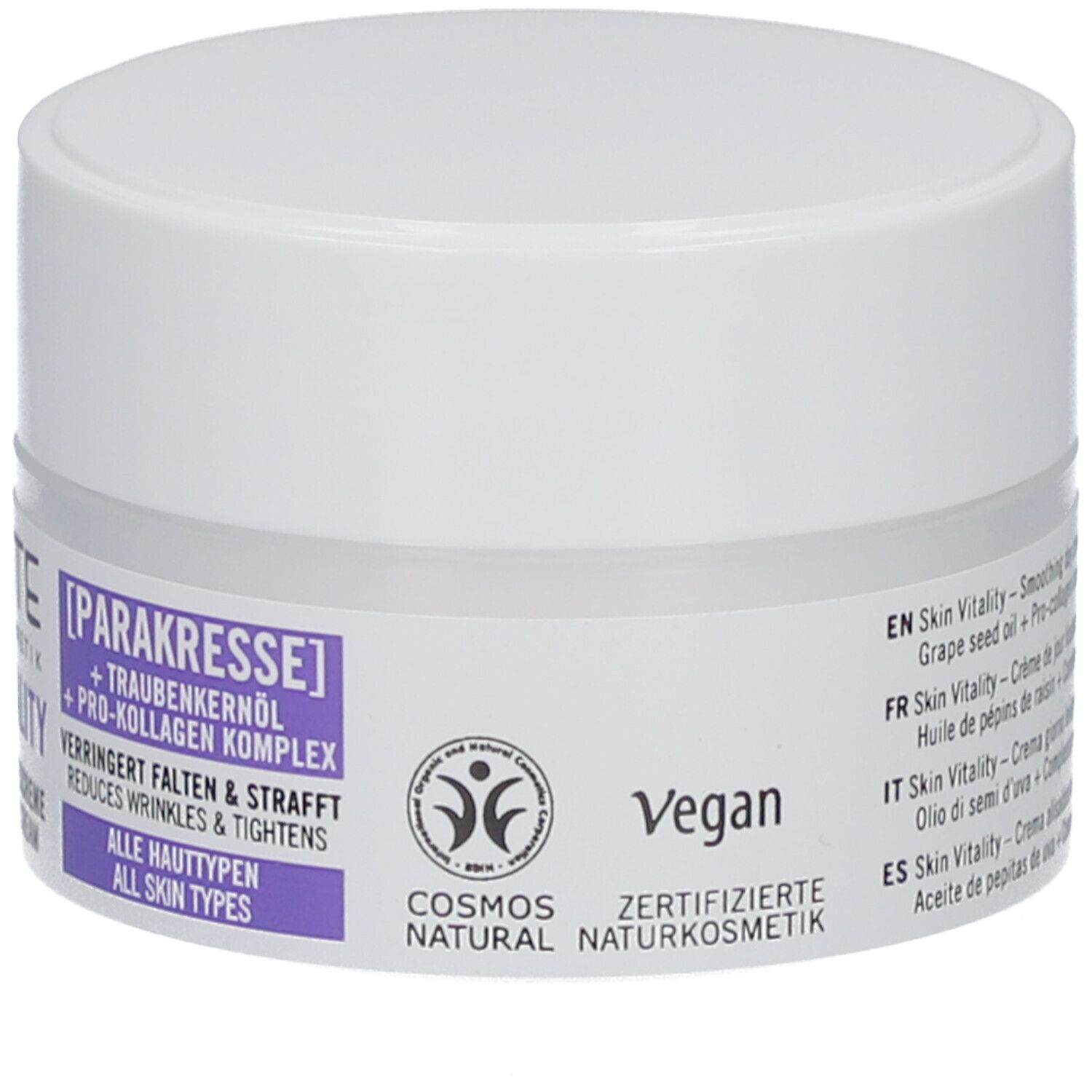 Crèmepot met witte deksel. Opschrift: Sante Skin Vitality Gladmakende dagcrème. Vegan-certificering. Cosmos Natural-keurmerk.