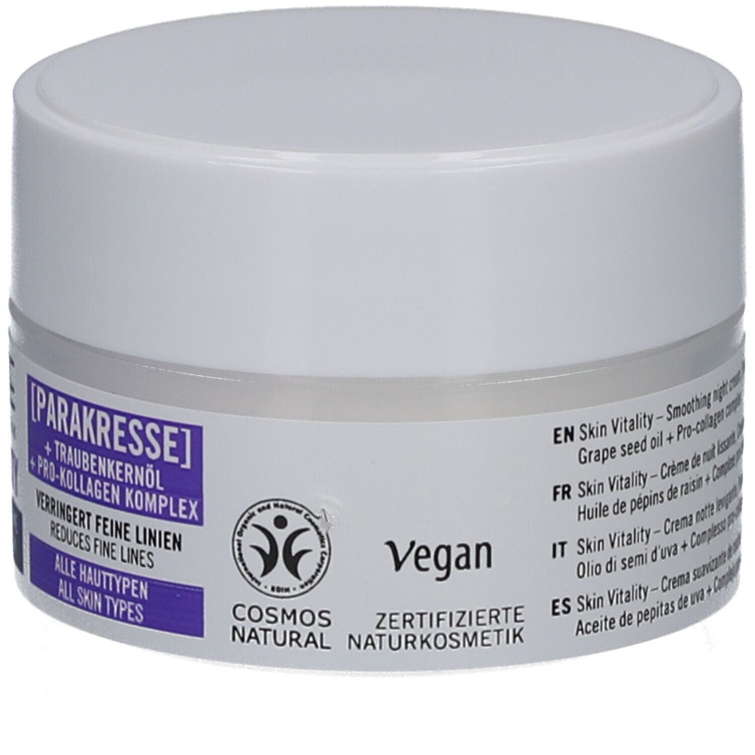 Witte crème pot. Etiket met productnaam, ingrediënten en Vegan-certificering.