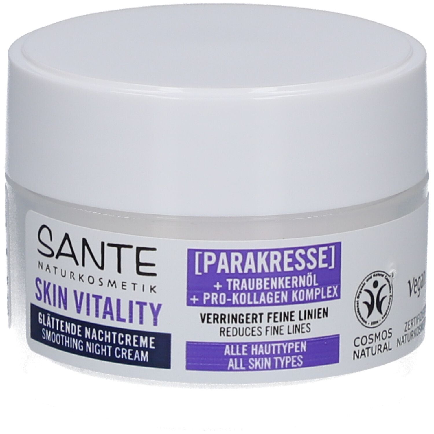 Witte crème pot. Etiket met productnaam, ingrediënten en cosmetische certificering.