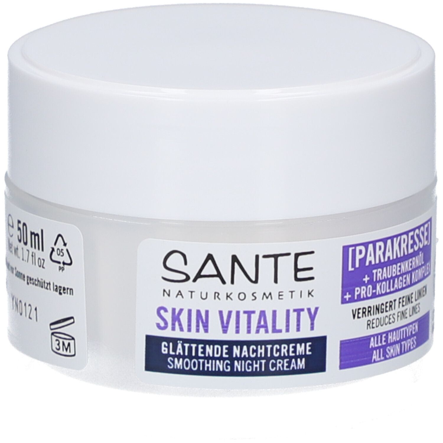 Witte crème pot. Etiket met productnaam en ingrediënten. 50 ml.